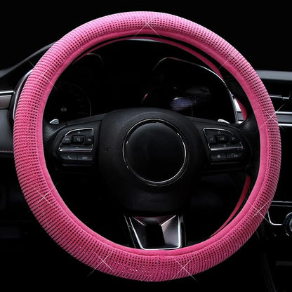 Valleycomfy Steering Wheel Cover for Women Bling Bling Crystal Diamond Sparkling Car SUV Wheel Protector Universal Fit 15 Inch (Rose,Standard Size(14" 1/2-15" 1/4))