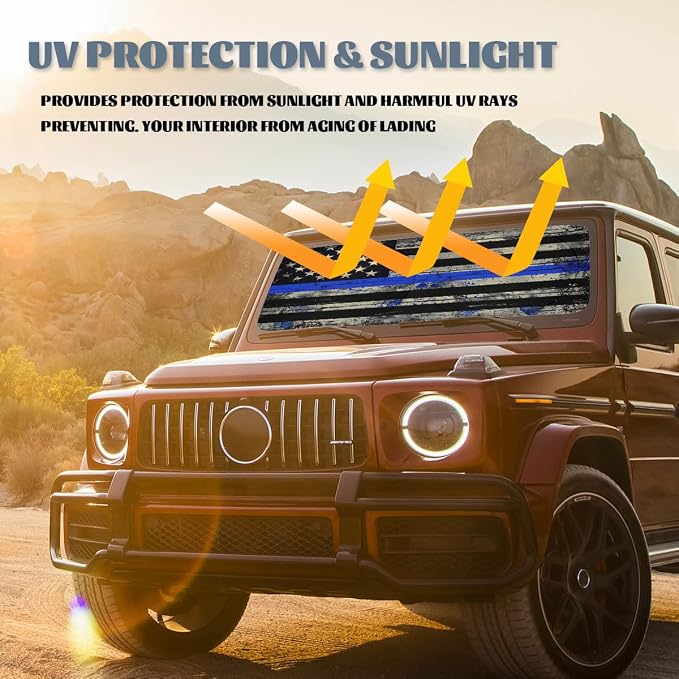 Thin Blue Line USA Flag Car Windshield Sunshade Folding Retro Police Heatshield Front Window Car Sun Shade Windshield Rays Sun Shade Visor Protector for Car Sedan Truck SUV Accessories 59x31.5 Inch