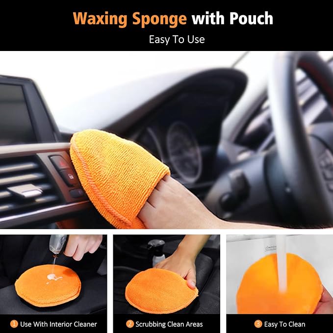 YeewayVeh 7PCS Car Interior Detailing Kit, Horse Hair Car Leather Brush, Applicator Pads and Microfiber Cloth for Car Interior & Seats Leather, Interior Car Cleaning Kit, Orange