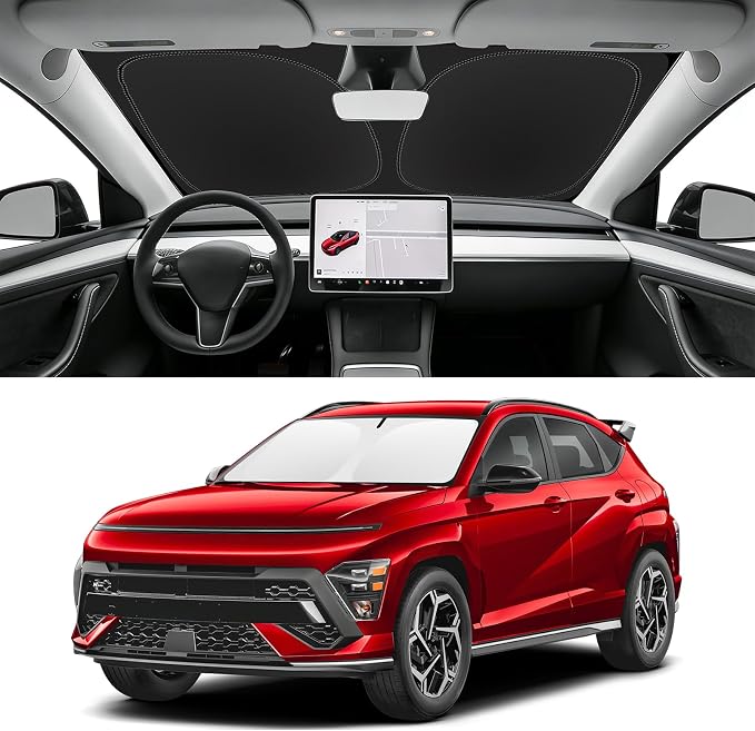 Custom Fit Windshield Sun Shade for Hyundai Kona 2018-2023, Blocks UV & Heat, Front Window Sunshade Accessories, Easy Fold & Store Keep Your Car Cooler