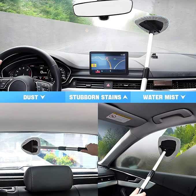 Windshield Cleaning Tool, Car Window Cleaner with Extendable Long Handle and 4 Washable Reusable Microfiber Pads, Auto Interior Exterior Glass Wiper Cleaning Kit Universal for Office and Home (Gray)