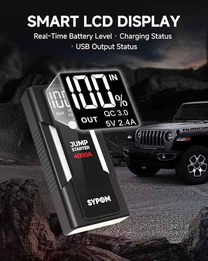 Portable Jump Starter, 4000A Peak Car Battery Charger, 12V Jump Box for Truck up to 10L Diesel, Motorcycle, Dual USB, LED Light, Great Battery Jumper for Road Side Emergency Kit for Car