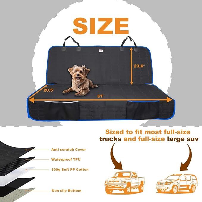 Reliadura Back Seat Cover for Dogs, Washable Bench Seat Covers for Trucks,Nonslip Truck Seat Cover Protector for F150/Ram1500/GMC Sierra/Toyota/Chevrolet Silverado,Car Seat Covers for Dogs