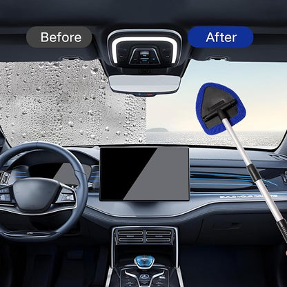 Qydipclin 7pcs Windshield Cleaner Tool Car Window Cleaning Wash Kit with 4 Reusable Microfiber Pads 1 Spray Bottle and Extendable Handle Auto Glass Wiper Kit, Blue