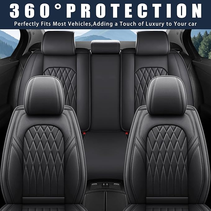 WELLDO Nappa Faux Leather Car Seat Covers Full Set, Black | Waterproof, Non-Slip Seat Protector, 0.28in Thickened Cushion, Airbag Compatible, Universal for Cars SUV Truck Pickup