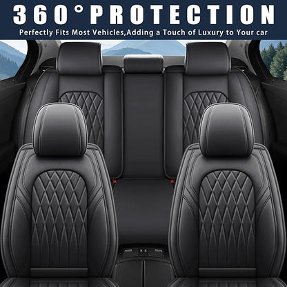 WELLDO Nappa Faux Leather Car Seat Covers Full Set, Black | Waterproof, Non-Slip Seat Protector, 0.28in Thickened Cushion, Airbag Compatible, Universal for Cars SUV Truck Pickup