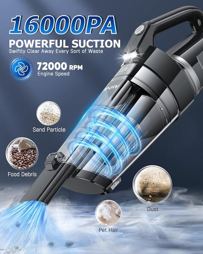 AHNR Handheld Vacuum Cordless, 16000PA Powerful Suction Hand Held Vacuum Cordless Rechargeable with LED Light & 2 HEPA Filters, Portable Car Vacuum Cleaner High Power for Car Home Office