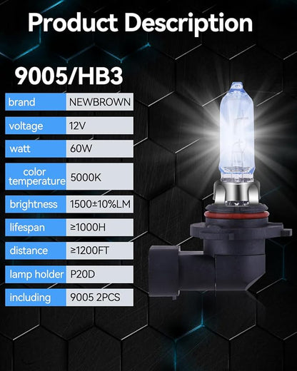 NEWBROWN 9005 HB3 Headlight Bulbs HB3 Halogen Headlight Bulb 5000K Super White Light Long Life Replacement P20D 12V/60W (9005/HB3, 2 Pack)