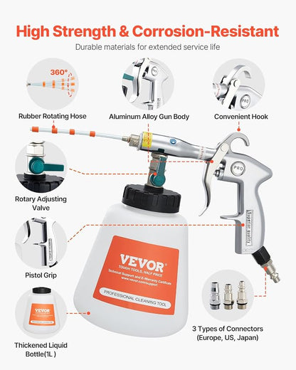VEVOR Car Cleaning Gun, 6-9.2 Bar High-Pressure Air Blow Gun with 2 Set Nozzles & 1L Liquid Bottle, Vortex Cleaning Gun, Quickly Blasts Dirt and Dust from Surface, Work with 1/4 NPT Air Compressor