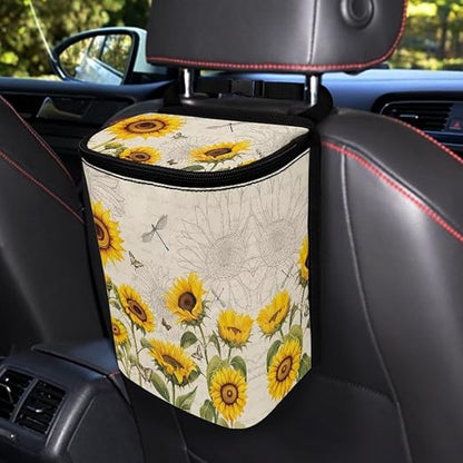 BIGCARJOB Sunflower Dragonfly Car Trash Bags for Back Seat,Sunflower Car Garbage Bin with Lids,Foldable Auto Interior Storage Bags Hanging Accessories