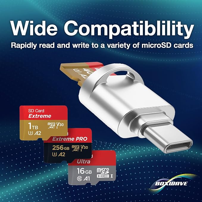 BoxWave Adapter Compatible with IIWEY Wireless Car Play & Android Auto Touch Screen (10 in) - Micro SD Card miniReader, USB Type-C OTG Reader USB3.0 Adapter Keychain - Metallic Silver