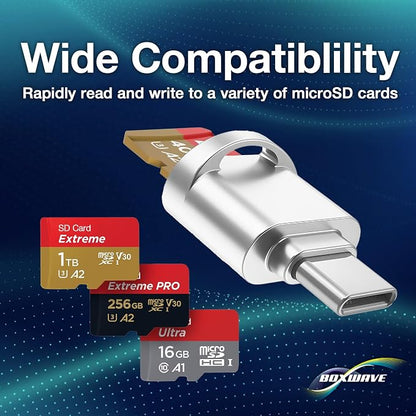 BoxWave Adapter Compatible with IIWEY Wireless Car Play & Android Auto Touch Screen (10 in) - Micro SD Card miniReader, USB Type-C OTG Reader USB3.0 Adapter Keychain - Metallic Silver