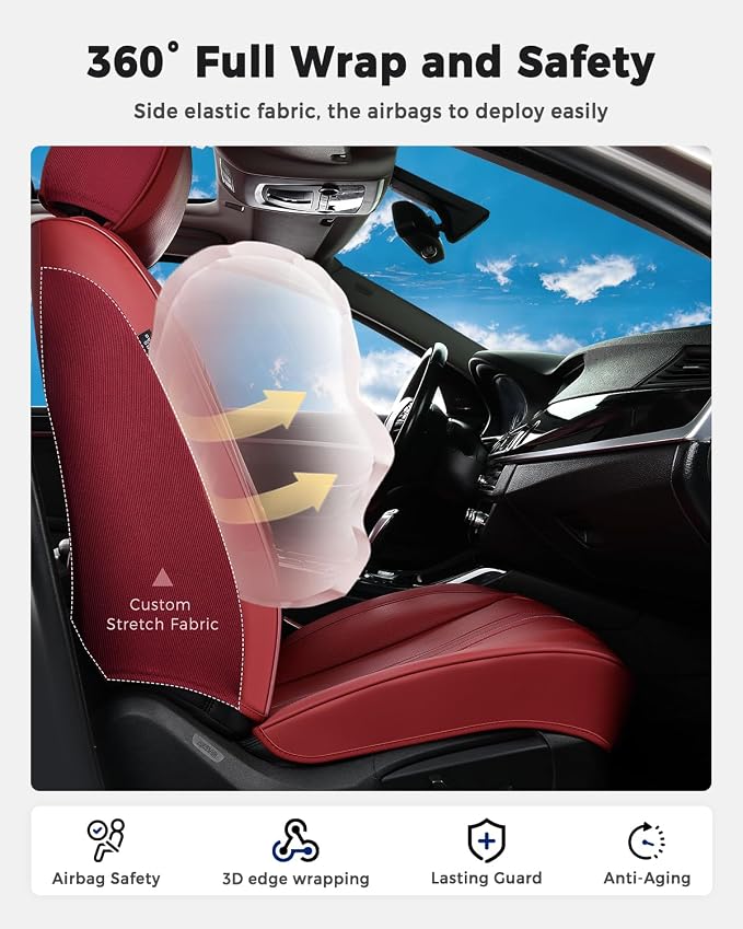 Huidasource Red Seat Covers, Luxury Faux Leather Car Seat Covers, Velcro Adjustable, with Airbags, Child Seat, Perforation Cooling＆Heating, Universal Fit for Most Cars, Vans, Trucks, SUVs, Red