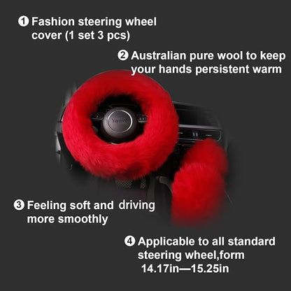 Yontree Fashion Fluffy Steering Wheel Covers for Women/Girls/Ladies Australia Pure Wool 15 Inch 1 Set 3 Pcs (Red)