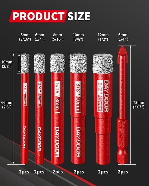 DAYDOOR Dry Diamond Drill Bits Set, 3/16" 1/4" 5/16" 3/8" 1/2" Diamond Hole Saw Kit for Porcelain Tile Ceramic Glass Marble Granite, Tile Drill Bits with Cooling Wax, Round Shank (12-Piece)