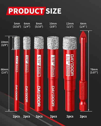 DAYDOOR Dry Diamond Drill Bits Set, 3/16" 1/4" 5/16" 3/8" 1/2" Diamond Hole Saw Kit for Porcelain Tile Ceramic Glass Marble Granite, Tile Drill Bits with Cooling Wax, Round Shank (12-Piece)