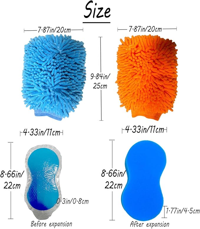 3PCS Car Wash Kit with 2 Premium Soft Microfiber Chenille & Plush Wash Mitts + High-Density Sponge, Scratch-Free Cleaning for Cars/Home/window/mirror/bathroom – Durable&Absorbent& Multi-Purpose (3)