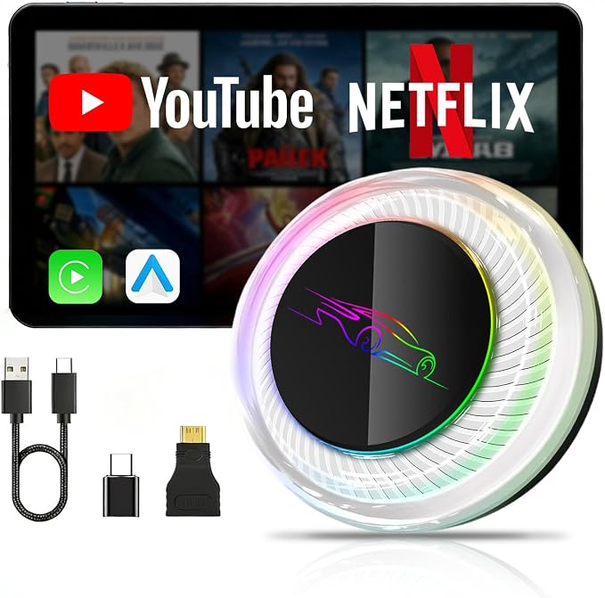 [8G+128G] Carplay Ai Box for BMW/Porsche/Other Cars,Fast Car Video Box Android 13 System Adapter Magic Portable Head Unit,Support Voice Assistant/SIM&TF Card/Online Netflix/YouTube/Disney+/Hulu/GPS/