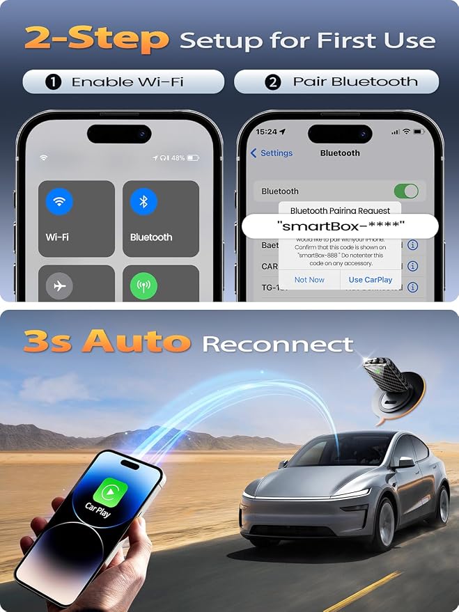 Wireless CarPlay Adapter for Apple iPhone – Converts Wired to Wireless, Gold-Plated USB Bluetooth Dongle, No Lag for Long Drives, Plug & Play for Cars from 2016 with Factory CarPlay