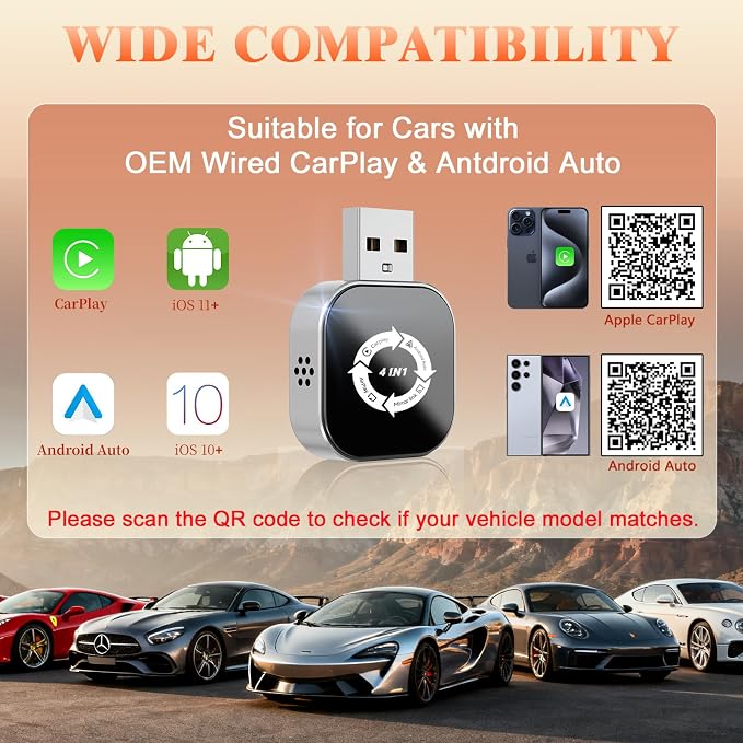 4 in 1 Wireless CarPlay Adapter with Screen Mirroring – Supports Apple CarPlay & Android Auto & AirPlay & MirrorLink, 2026 Upgraded screen mirroring dongle for car, USB-A/USB-C Connection, Plug & Play