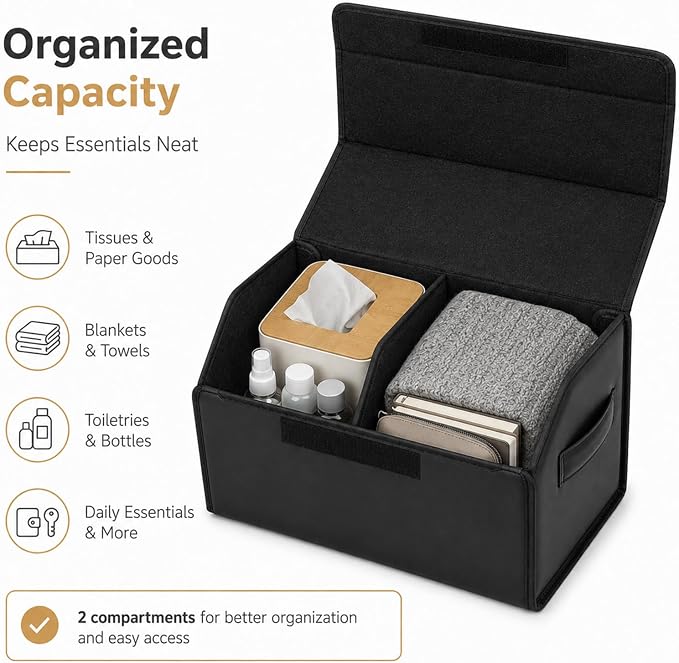 Car Trunk Organizer, Foldable Cargo Storage Box with Hook-and-Loop Lid, Suede & Faux Leather Trunk Organizer for SUV Sedan Truck, Adjustable Divider, Handles, Black, 19.7inches