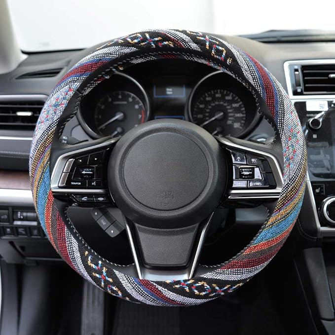 BDK Blue Woven Saddle Blanket Steering Wheel Cover for Cars SUV Van Truck Auto - Driver Grip 15 inch