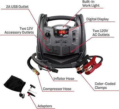 Schumacher Electric 1200A Car Battery Jump Starter and Portable Power Station, 6-in-1 Solution for 12V Batteries, 150-PSI Air Compressor, 200 Continuous/400 Peak Watt Inverter, SJ1332