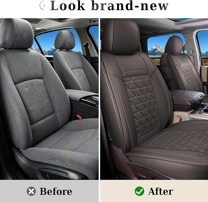 Coverado Car Seat Covers Compatible with Dodge Ram 2002-2026 1500 2500 3500 Pickup Limited Laramie Big Horn Waterproof Leather Seat Protectors Fit for Dodge Ram Crew Cab& Quad Cab(Front, Coffee)