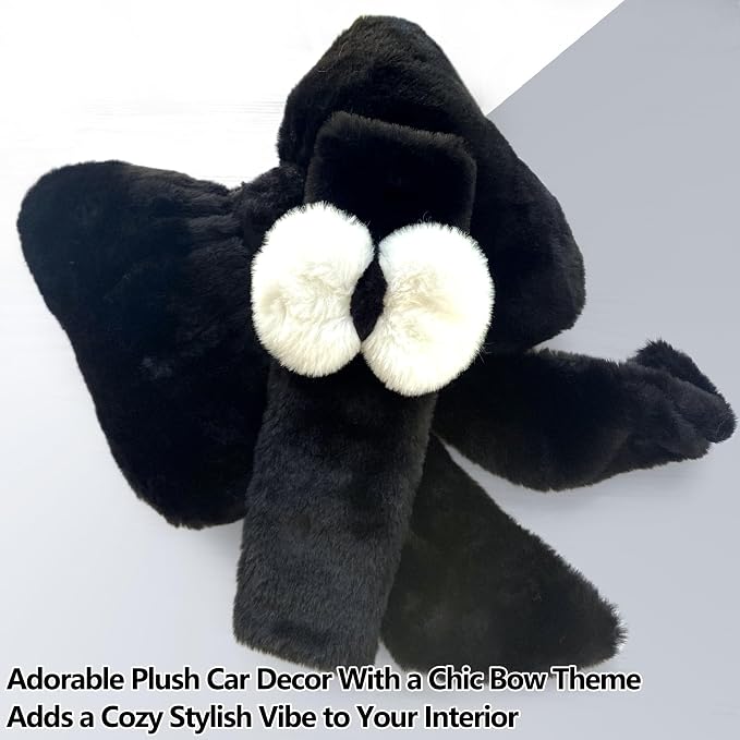 Car Neck Pillow 2PCS Plush Bowknot Car Headrest Pillow – Comfortable Neck Support for Driving Soft Touch Fabric Car Pillow Cute Interior Decor (Black Set 4 Pcs)