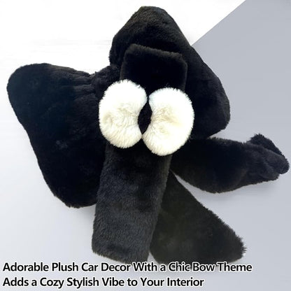 Car Neck Pillow 2PCS Plush Bowknot Car Headrest Pillow – Comfortable Neck Support for Driving Soft Touch Fabric Car Pillow Cute Interior Decor (Black Set 4 Pcs)