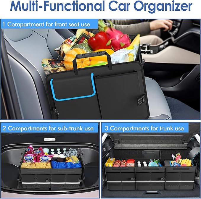 MEI&CO Car Trunk Organizer - 2.5mm PP Board Built, 35L Leakproof Cooler, 105L Capacity, 2 Tie-Down Straps, 4 Adjustable Dividers, Foldable Design for SUVs, Trucks, and Cars