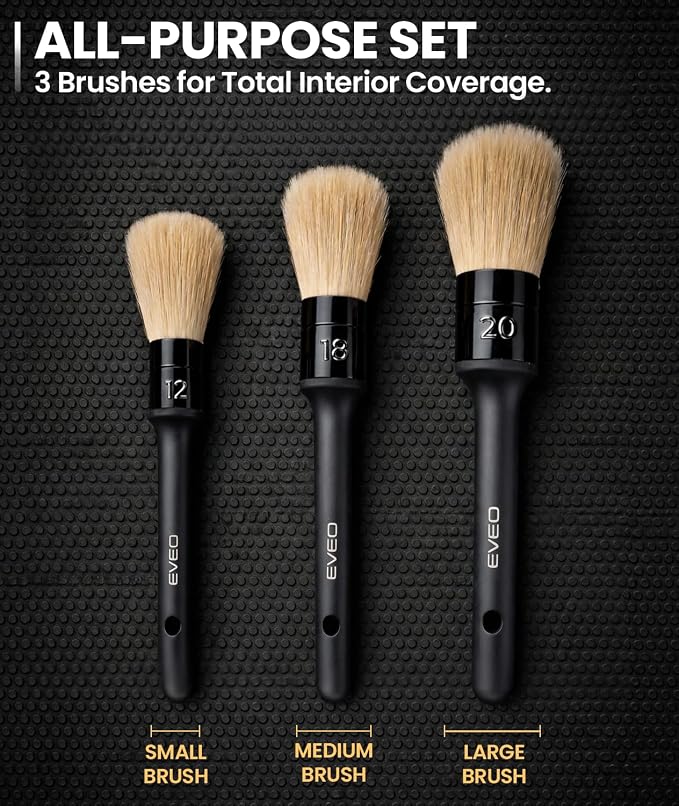 EVEO Car Detailing Brush Set - (3 Pack) Car Detailing Kit Interior, Car Interior Detailing Kit Car Detailing Brushes - Car Cleaning Brush, Car Detailing Brushes, Car Detailing Tools | Soft Boars Hair