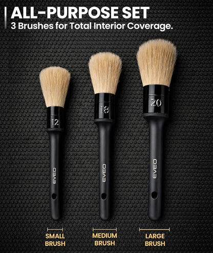 EVEO Car Detailing Brush Set - (3 Pack) Car Detailing Kit Interior, Car Interior Detailing Kit Car Detailing Brushes - Car Cleaning Brush, Car Detailing Brushes, Car Detailing Tools | Soft Boars Hair