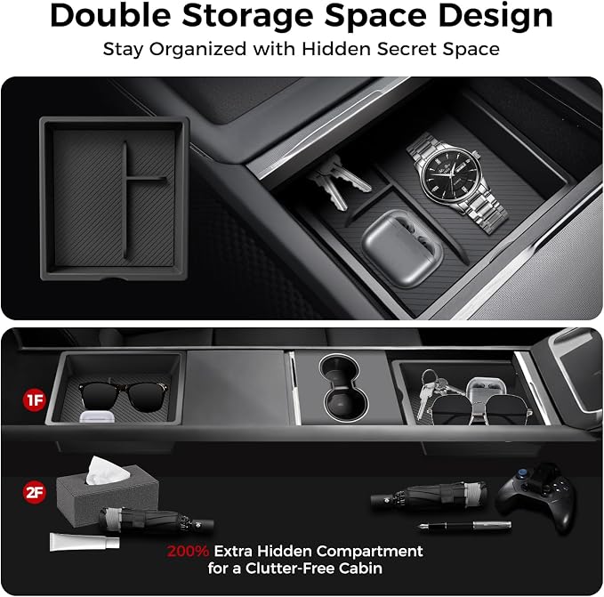 Center Console Organizer 5PCS Compatible with Tesla Model Y Juniper2026, Armrest Storage Tray, Hidden Storage Box, Cup Holder, Phone Holder – Interior Accessories for New Model Y/3 2025