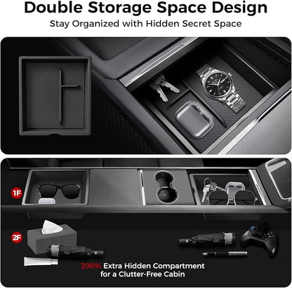 Center Console Organizer 5PCS Compatible with Tesla Model Y Juniper2026, Armrest Storage Tray, Hidden Storage Box, Cup Holder, Phone Holder – Interior Accessories for New Model Y/3 2025