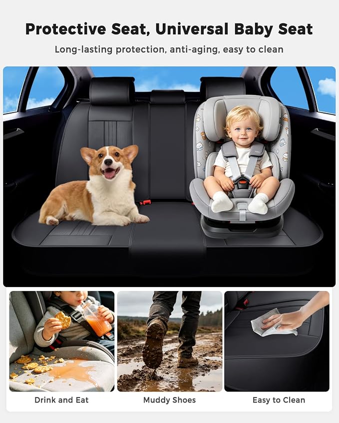 Huidasource Back Seat Cover, Luxury Faux Leather Rear Seat Cover, Velcro Adjustable, Compatible with Child Seat, Perforation Cooling＆Heating, Universal Fit for Most Cars, Vans, Trucks, SUVs, Black