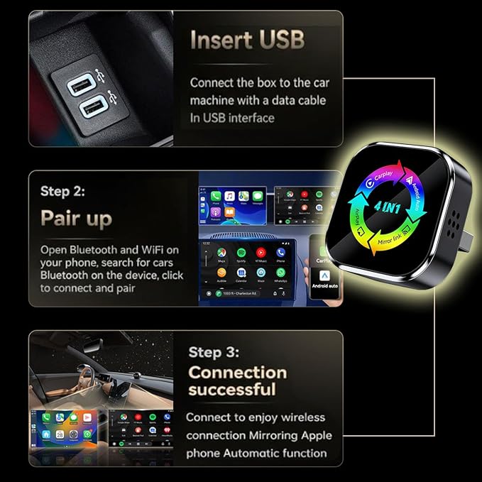 2026 Upgraded 4 in 1 Wireless CarPlay AdapterUltra-mini Size USB Design Wired to Wireless Adapter for Apple Carplay & Android Auto & Airplay & Mirror Link, Plug and Play