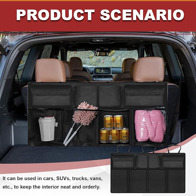 Trunk Organizer with 8 Storage Pockets, Large Capacity Car Storage Bag, Automotive Interior Cargo Organization Storage Bag Accessories, Universal for SUV, Truck, Van