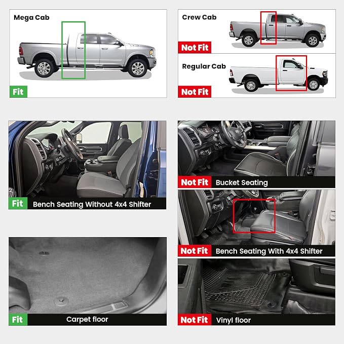 LASFIT Floor Mats 2019-2025 2026 for Ram 2500/3500 Mega Cab Bench Seat, Not for Bucket Seat or Model with PTO KIT or 4X4 Shifter, All Weather TPE Custom Fit Car Mats Floor Liners 1st & 2nd Row, Black