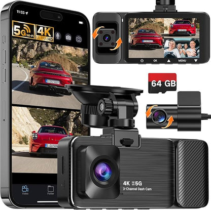 WECOOL 4K UHD 3 Channel Dash Cam Front and Rear Inside, Free 64GB Card Included, 360° Wide-Angle Full-View Dash Camera for Cars with Night Vision, 24H Parking Mode, G-Sensor, Loop Recording, 5GHz WiFi