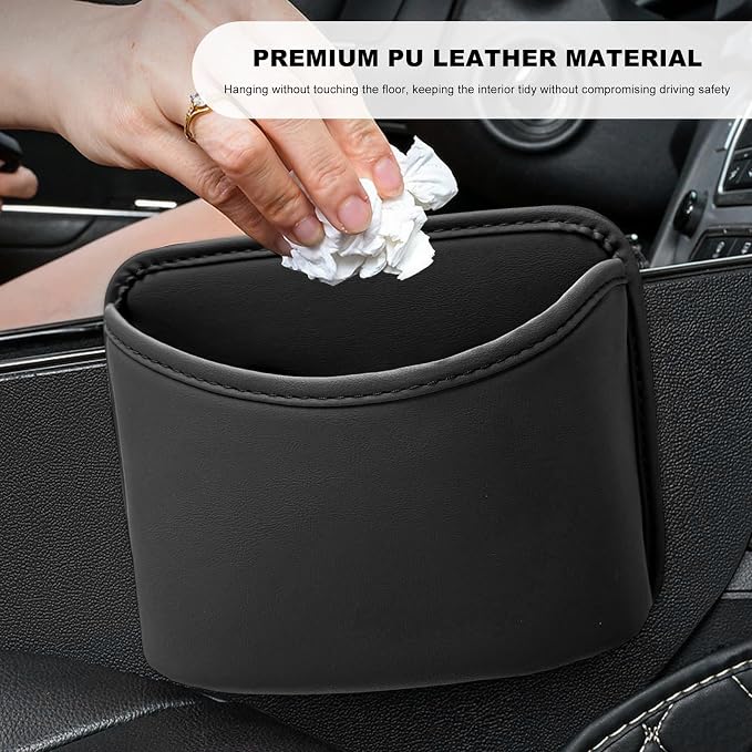 Car Trash Can, Clip On Garbage Organizer Multifunctional Car Door Hanging Container, Waterproof Leather Trash Bin Universal Interior Storage Box for Vehicle Home Office (Black)