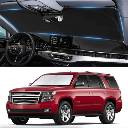 for Chevy Tahoe Windshield Sun Shade Foldable Sunshade-Custom Fit 2015-2020 Tahoe SUV Accessories for Chevrolet Windshield Cover 210T Reflective Front Window Protector Blocks UV Rays Sun Visor