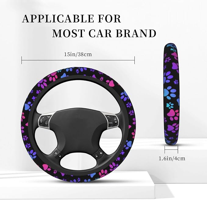 Paw Print Steering Wheel Cover for Women, Universal Auto Steering Wheel 14-15 Inch Car Interior Accessories with 2PCS Car Coasters, Suitable for Men and Women