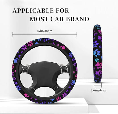 Paw Print Steering Wheel Cover for Women, Universal Auto Steering Wheel 14-15 Inch Car Interior Accessories with 2PCS Car Coasters, Suitable for Men and Women