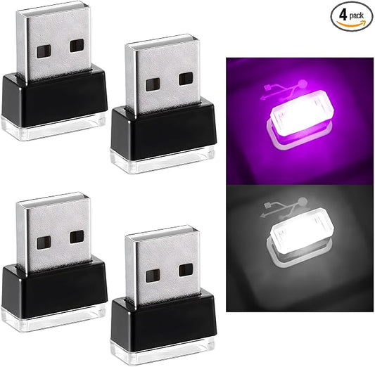 Augeny 4 PCS USB LED Car Interior Atmosphere Lamp, Plug-in USB Decor Night Light, Portable Auto Ambient Lighting Kit, Universal Vehicle Interior Accessories for Most Cars (White & Purple)
