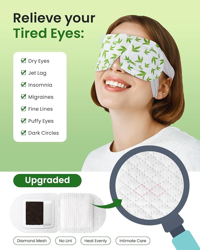 16 Packs Steam Eye Masks for Dry Eyes, Green Tea Warm Eye Mask, Relief Eye Fatigue & Puffy Eyes, Moist Heating Compress for Eyes, Self Heated Eye Mask, Disposable Travel Essentials & Relaxation Sets
