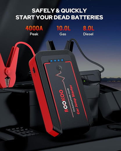 BOOKOO H9 Jump Starter 4500A,Portable Car Battery Jumper Starter for 10L Gas and 8L Diesel Engines,12V Car Battery Charger with Jumper Cables,USB QC 3.0,16V DC Output,3 LED Modes for Car Camping Trip
