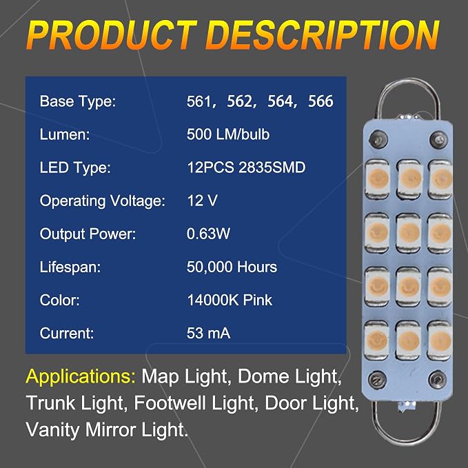 Festoon Rigid Loop LED Lights, 44mm, Purple Pink, 561 562 567 564, Fit for Car Interior, Dome, Map, Door Courtesy, Gloves Box and Trunk Lighting (4-Pack)