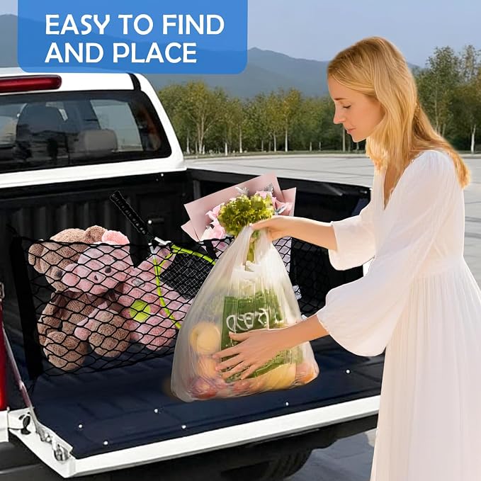 Envelope Style Truck Bed Cargo Net for Dodge Ram 1500 2019-2026 Accessories, Rear Trunk Mesh Cargo Net, Upgraded 5mm Bungee & Double-layer Nylon Storage Tailgate Netting Grocery&Tools Holder Organizer