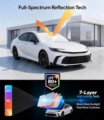 Wigoo Windshield Sun Shade Umbrella for Toyota Camry 2018-2026 [100% Sun Blockage, Ice Cooling Fabric] Foldable Heat Insulation Front Window Sunshade Umbrella for Toyota Camry 2018-2026